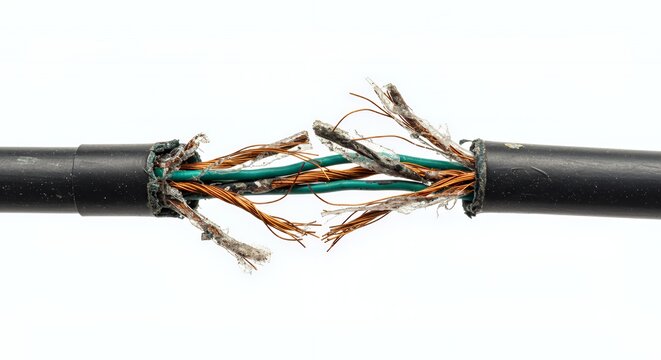 Frayed Black Electrical Cable with Exposed Wires Isolated on White