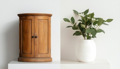 Wooden jewelry box, plant in white vase