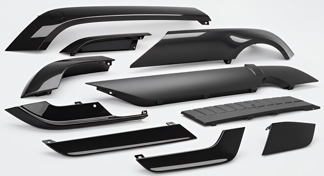 Glossy Black Automotive Exterior Body Panels on White Background