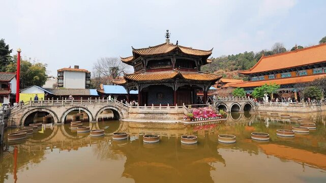 Yuantong Temple details, stone bridge and temple pagoda, Kunming China