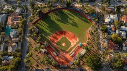 Aerial View of Baseball Field Surrounded by Lush Palm Trees and Neighborhood Homes