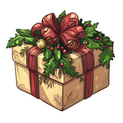 Festive gift box decorated with red ribbon holly and berries a perfect Christmas present