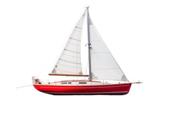 A red sailboat with white sails is isolated against a transparent background in a side view image shot png