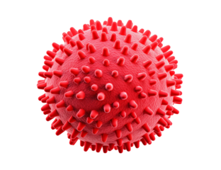 A microscopic view of a red spherical virus with spikes on a transparent background in a detailed close up png
