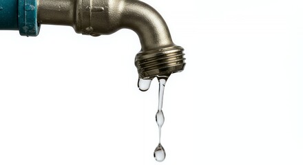 Leaking Metallic Spigot Dripping Water Isolated on White Background