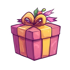 A pink and yellow gift box with a big bow and decorations sits on a black background