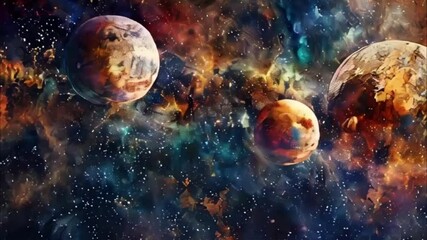 Planets gather in the solar system amidst glowing stars in a vibrant cosmic atmosphere