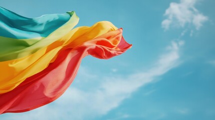 A colorful fabric waving against a bright blue sky, creating a vibrant and uplifting atmosphere.