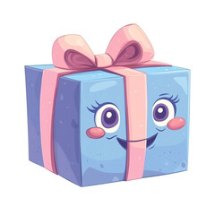 A cute gift box with a smiling face and pink ribbon looks happy