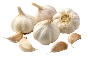 Cloves and bulbs of fresh garlic arranged on a white surface, showcasing their natural texture and color