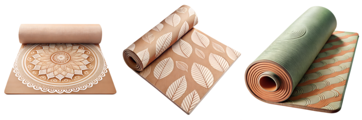 Three rolled exercise mats with various patterns and designs isolated on transparent background