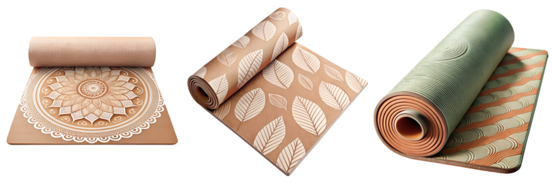 Three rolled exercise mats with various patterns and designs isolated on transparent background - Powered by Adobe
