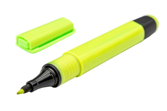 Bright yellow highlighter lying on a white surface with its cap off, ready for use in studying or organizing notes