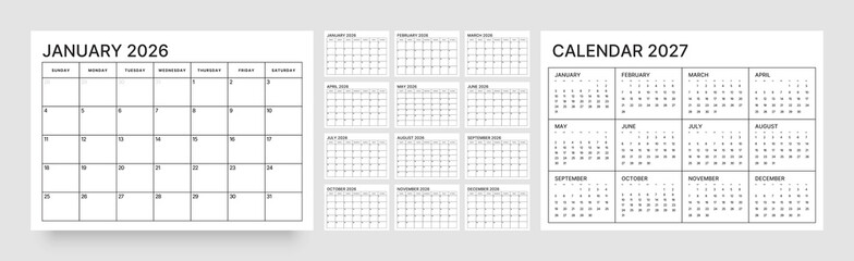 Monthly calendar layout for 2026 year. Diary planner for 2026 year. Week Starts on Sunday. 
