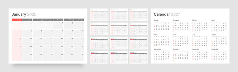 Monthly calendar layout for 2026 year. Diary planner for 2026 year. Week Starts on Sunday. 