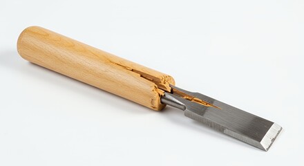 Split Wooden-Handled Chisel on White Background