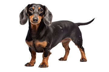 A captivating black and tan dachshund stands alert, showcasing its elegant posture and charming expression against a stark white background.