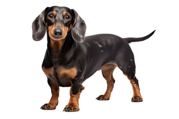 A captivating black and tan dachshund stands alert, showcasing its elegant posture and charming expression against a stark white background.