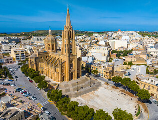 Ghajnsielem Paris church on Gozo island, Malta island. Drone view