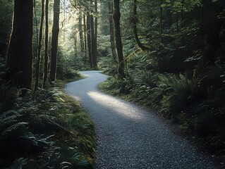 Obraz premium Serene Forest Path: Scenic Nature Trail with Vibrant Greens and Morning Sunlight