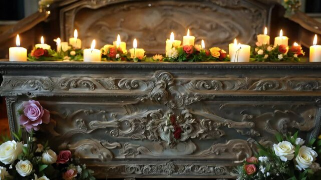 Tilt video reveals a time-worn altar dressed in fresh florals, an ancient coffin, and background candles that add a spectral quality