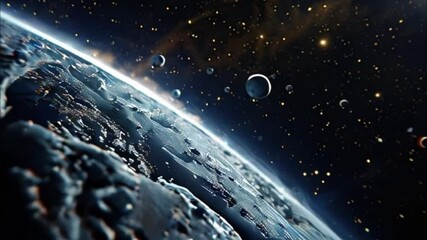 Planets gather in the solar system amidst glowing stars in a vibrant cosmic atmosphere