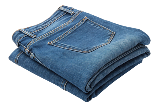 Folded blue denim jeans stacked neatly on a white surface ready for storage or display for casual fashion