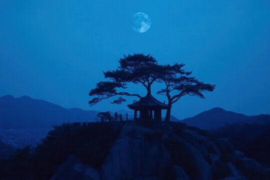 Silhouette of a tranquil pavilion on a hilltop at twilight under a full moon. A majestic pine tree stands guard over the structure - Powered by Adobe