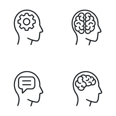 Human Head With Brain,Gear,And Speech Bubble,Representing Thinking,Idea,And Communication In Thin Line Art