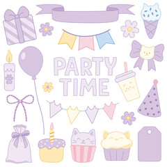 Violet set, flat-style birthday elements: cat cupcakes, bows, balloons, cake, candles, flags, tags for themed invitations, party decor, cards and digital scrapbooking.