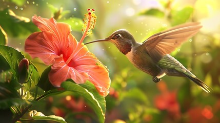 Fototapeta premium A hummingbird perched delicately on a hibiscus flower, sipping nectar with its slender beak.