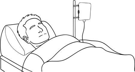 Outline Male Patient Sleeping in Hospital Bed Connected to IV Drip Stand