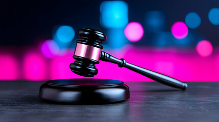 Black Gavel on Sound Block Against Pink and Blue Bokeh Background