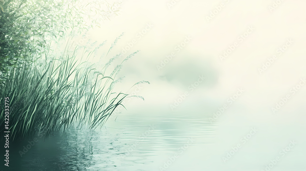 Wall mural hazy view of a lake shoreline with reeds and algae, soft focus, outdoor scene, algae, calm waters, l