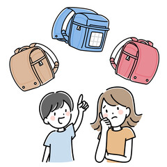 ランドセル選びに悩む親子のイラスト