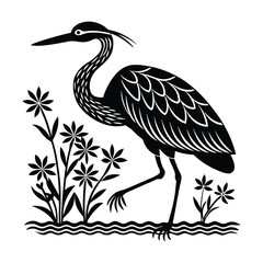 Stylized Black and White Heron Illustration with Tribal Pattern Design