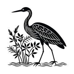 Stylized Black and White Heron Illustration with Tribal Pattern Design