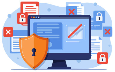 Shield in front of a monitor with locked and restricted documents, illustrating data security.