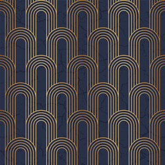 Arc seamless pattern. Repeating circle arch. Gold art deco isolated on white background. Repeated golden geometric design for prints. Circular shape. Waves repeat round lattice. Vector illustration