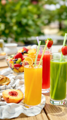 Fototapeta premium three glasses of freshly squeezed orange watermelon and green juices on a sunny patio table