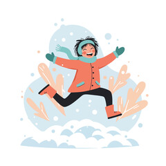 Obraz premium Happy child jumping joyfully in snow wearing warm winter clothes and scarf outdoor activity 