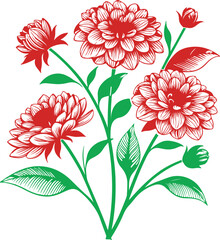 Red Dahlia Flower Illustration – Vintage Botanical Vector Art Design