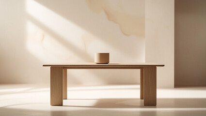 Fototapeta premium This image features a minimalist wooden table with a sleek, modern design. 