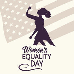 Naklejka premium Empowering the Future: Women's Equality Day Celebration: A silhouette of a strong woman stands boldly, arm raised in a gesture of empowerment, against a backdrop of an American flag.