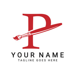 Letter P Painting Brush Logo Design. Alphabet P Painting Artist Icon