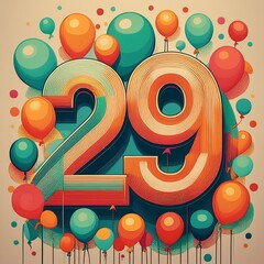 Obraz premium Number 29 with balloons. Retro style illustration for twenty-ninth birthday or anniversary