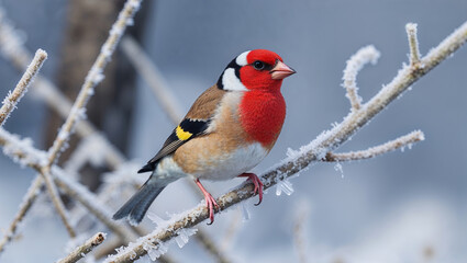 Fototapeta premium European Goldfinch Perched On A Frost Covered Branch In Winter Closeup View