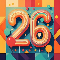 Number 26 with balloons. Retro style illustration for twenty-sixth birthday or anniversary