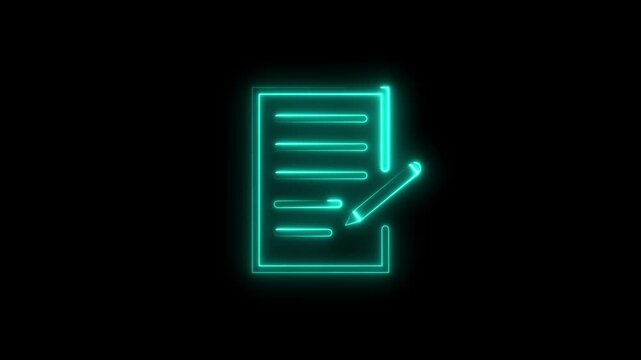 Writing book with peen icon neon glowing concept animation on black background .