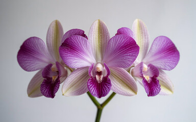 Three Beautiful Orchid Flowers In Full Bloom Purple And White Petals